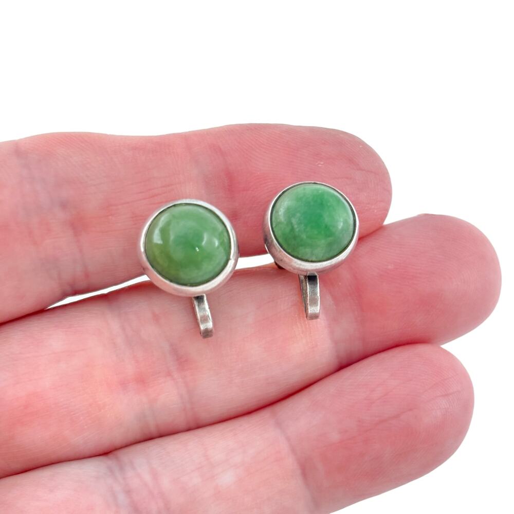 Vintage Sterling Silver 925 Nephrite Round Screw-back Earrings